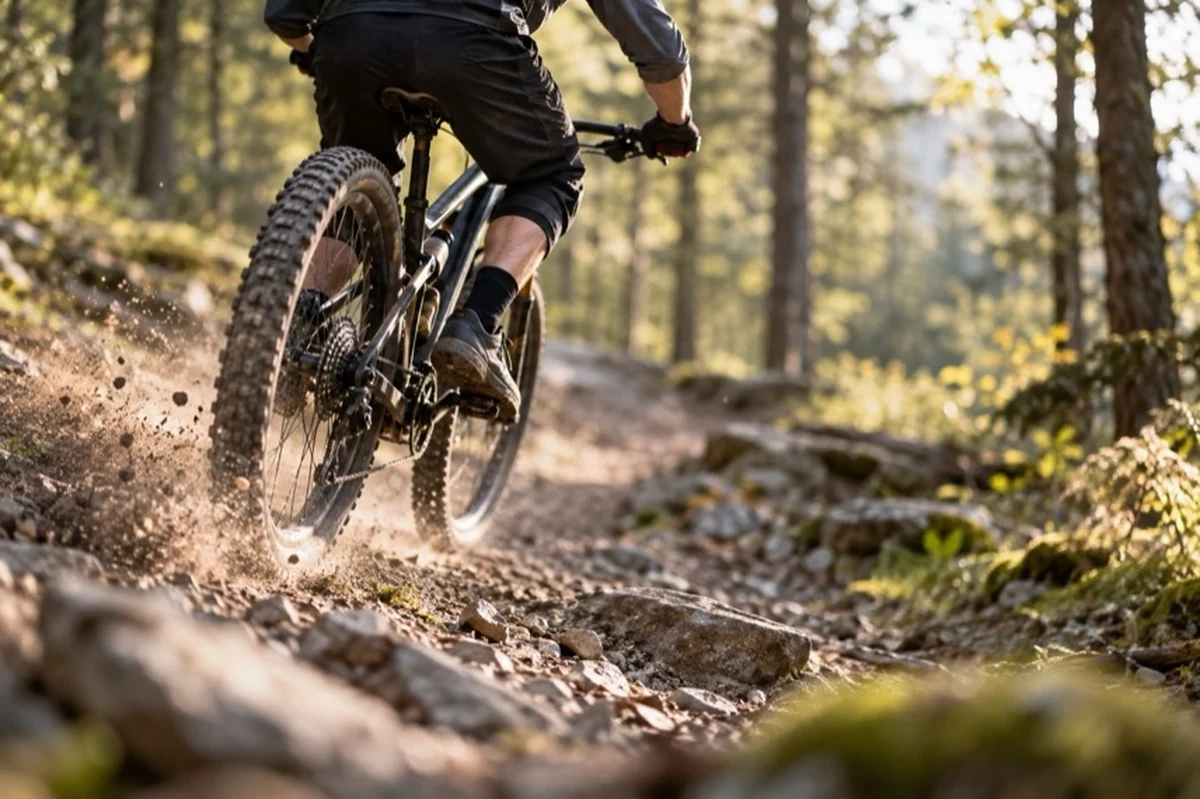 Mountainbiker fährt auf einem steilen Downhill-Trail durch einen bewaldeten Mittelgebirgsweg