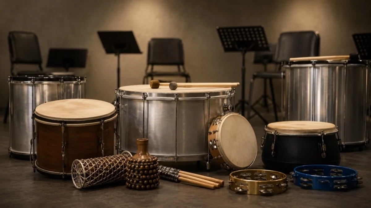 Samba-Trommeln und Percussioninstrumente in einem neutralen Probenraum der Wernigeröder Sambagruppe BARABAN