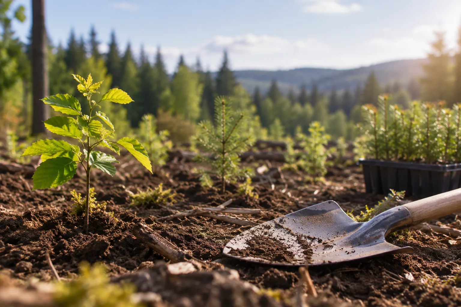 Junge Laub- und Nadelbäume auf einer Waldfläche als Motiv zur Wiederbewaldung im Harz.