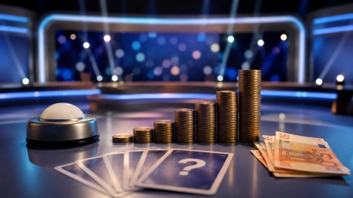 Neutrales Fernsehstudio mit Quiztisch, Gewinnsymbolen und Spielkarten als Illustration für BINGO, TV-Gewinnspiel und 60.000 Euro Gewinn.