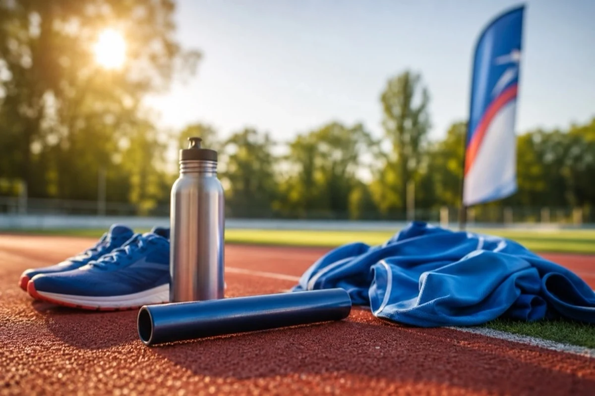Laufschuhe und Staffelstab auf einer Leichtathletikbahn mit Sportlern beim Training im Harz-Kontext