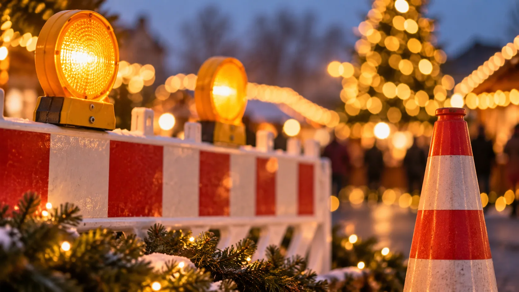 Mobile Verkehrsabsperrung und Leitkegel vor unscharfer Weihnachtsbeleuchtung zur Adventszeit.