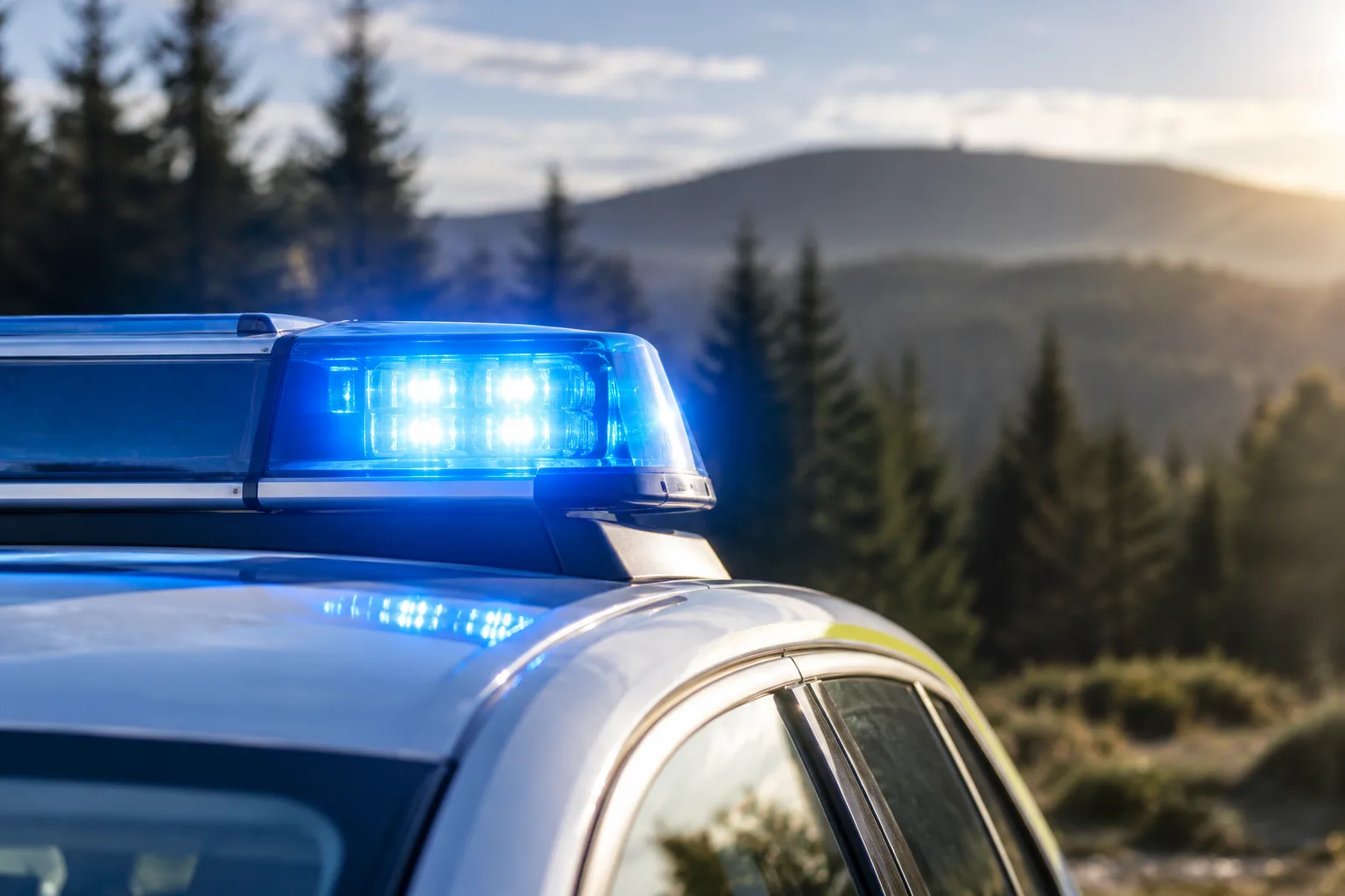 Polizeifahrzeug mit Blaulicht vor neutralem bewaldeten Hintergrund im Harz