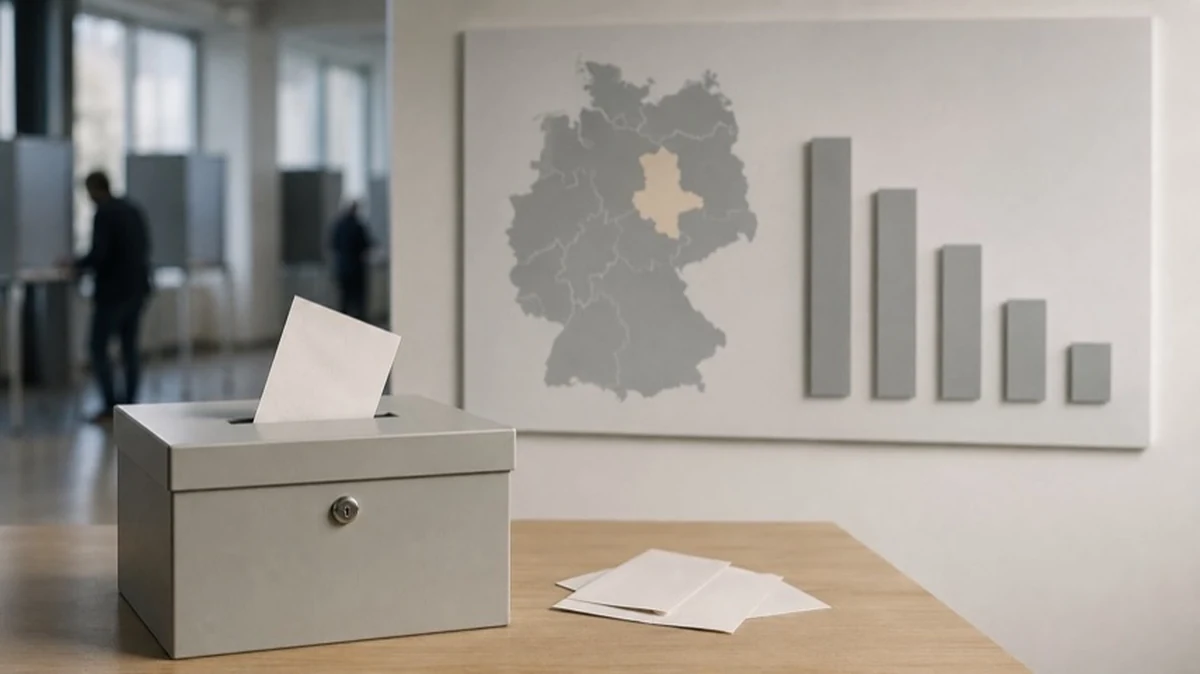 Wahlurne mit Stimmzetteln und Sachsen-Anhalt-Karte zur Landtagswahl und AfD-Umfragen
