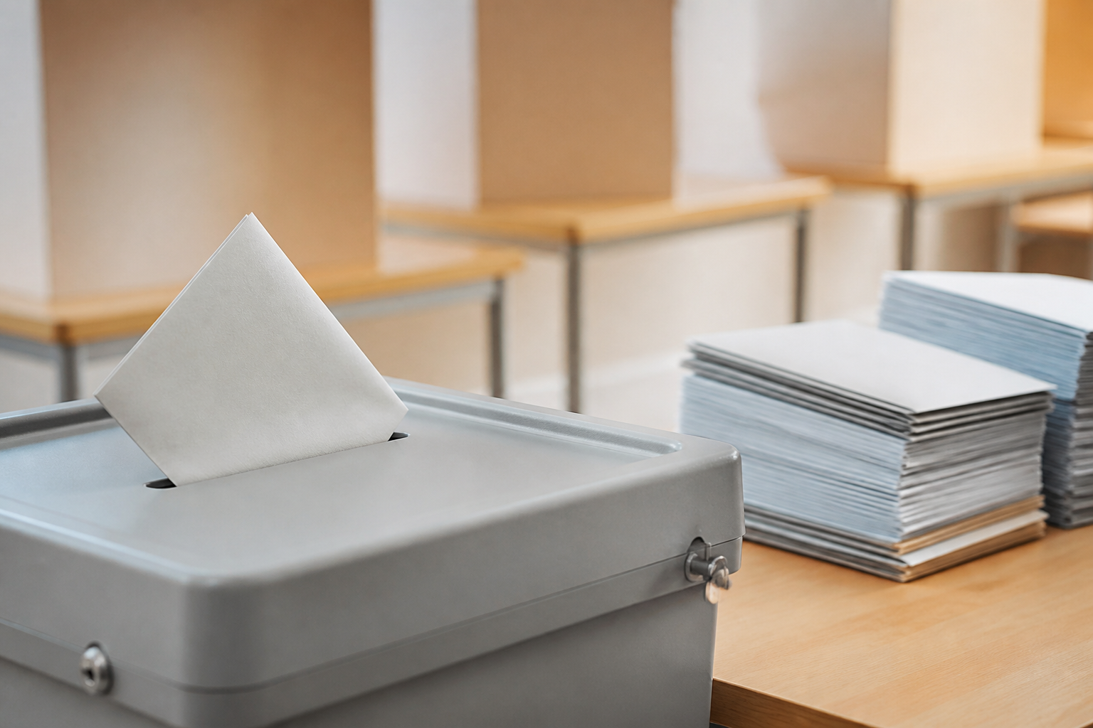 Wahlurne und Stimmzettel zur Landtagswahl in Sachsen-Anhalt und zur politischen Mehrheit
