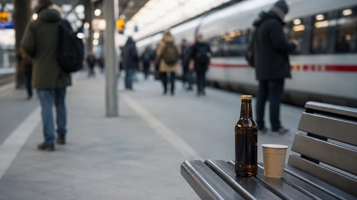 Neutraler Bahnsteig mit Sitzbank und geschlossenem Getränkebehälter als Symbol für das Alkoholverbot am Hauptbahnhof Wernigerode.
