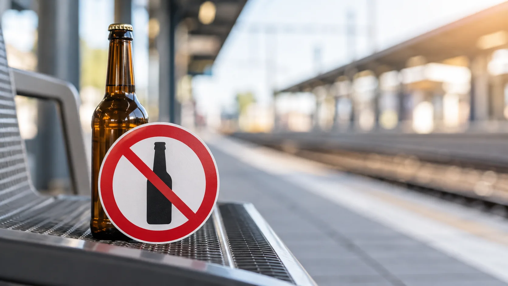 Geschlossene Bierflasche und Alkoholverbotssymbol auf einer Sitzbank an einem neutralen Bahnsteig mit Gleisen im Hintergrund.