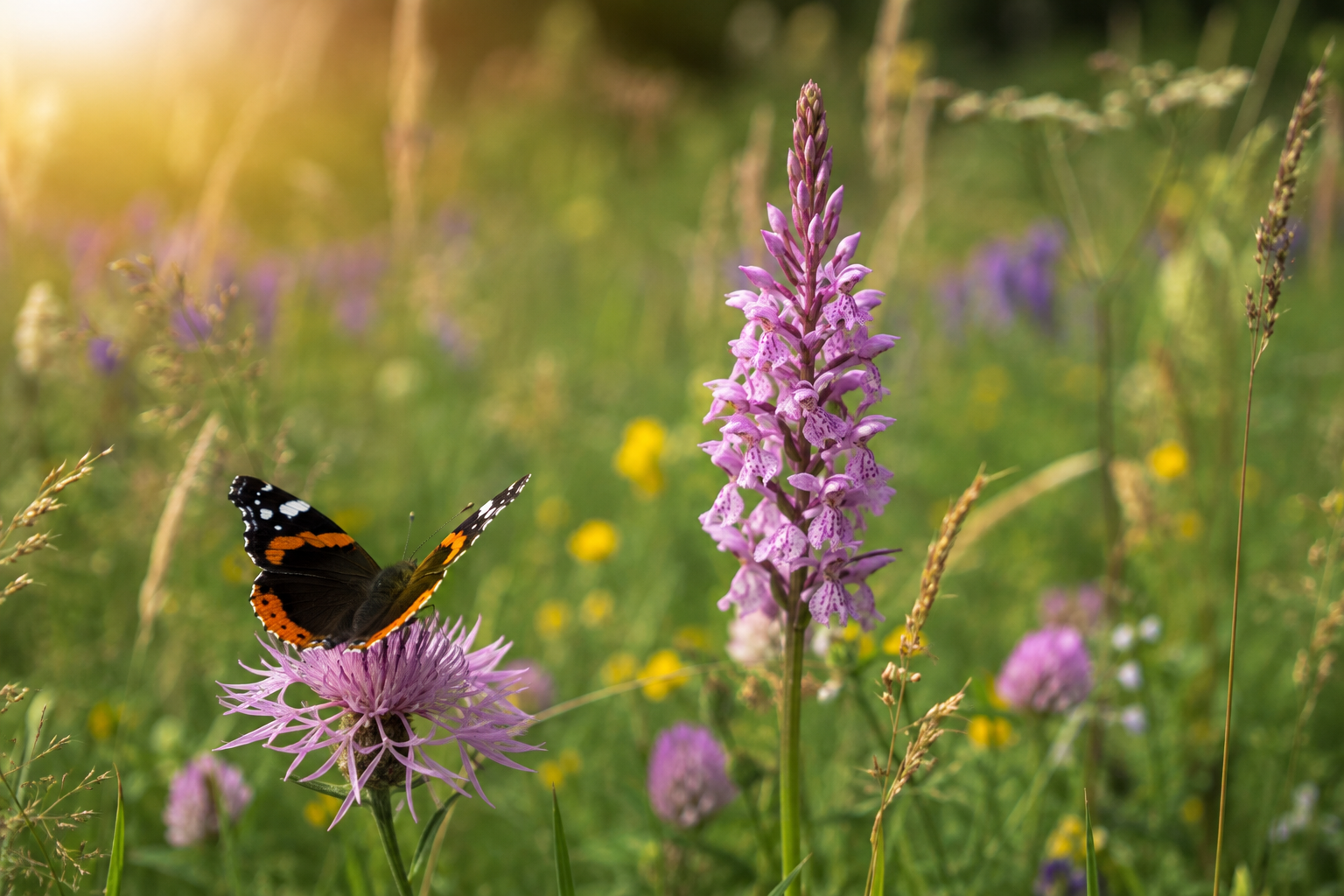Orchideen und Schmetterling auf einer artenreichen Trockenwiese im Südharz mit weiteren Blüten und Gräsern