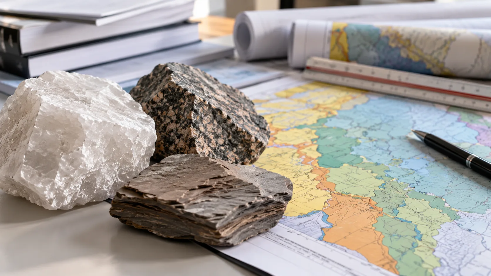 Geologische Karte mit markierten Flächen sowie Proben aus Salz, Granit und Tongestein zur Endlagersuche im Harz
