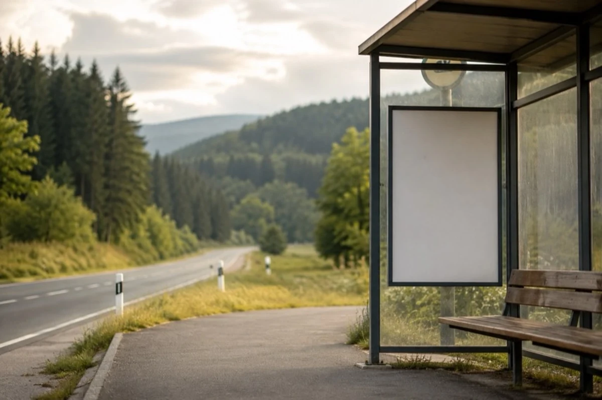 Wanderer an einer anonymen Bushaltestelle in einer Mittelgebirgslandschaft im Harz