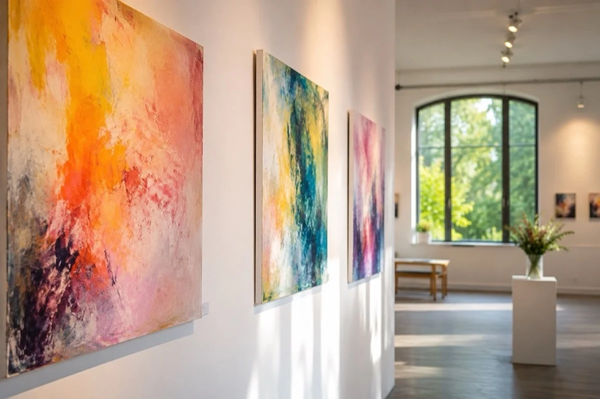 Helle Ausstellungswand mit farbigen abstrakten Bildern und weichem Tageslicht als Symbolbild für eine Kunstausstellung im Harz.