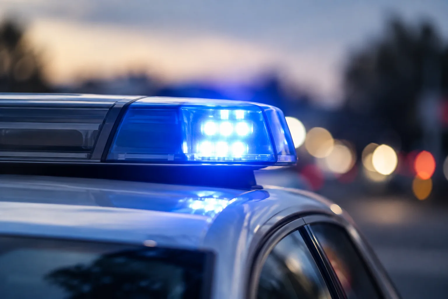 Polizeifahrzeug mit eingeschaltetem Blaulicht als Motiv zu einem Einbruch in ein Auto in Oker