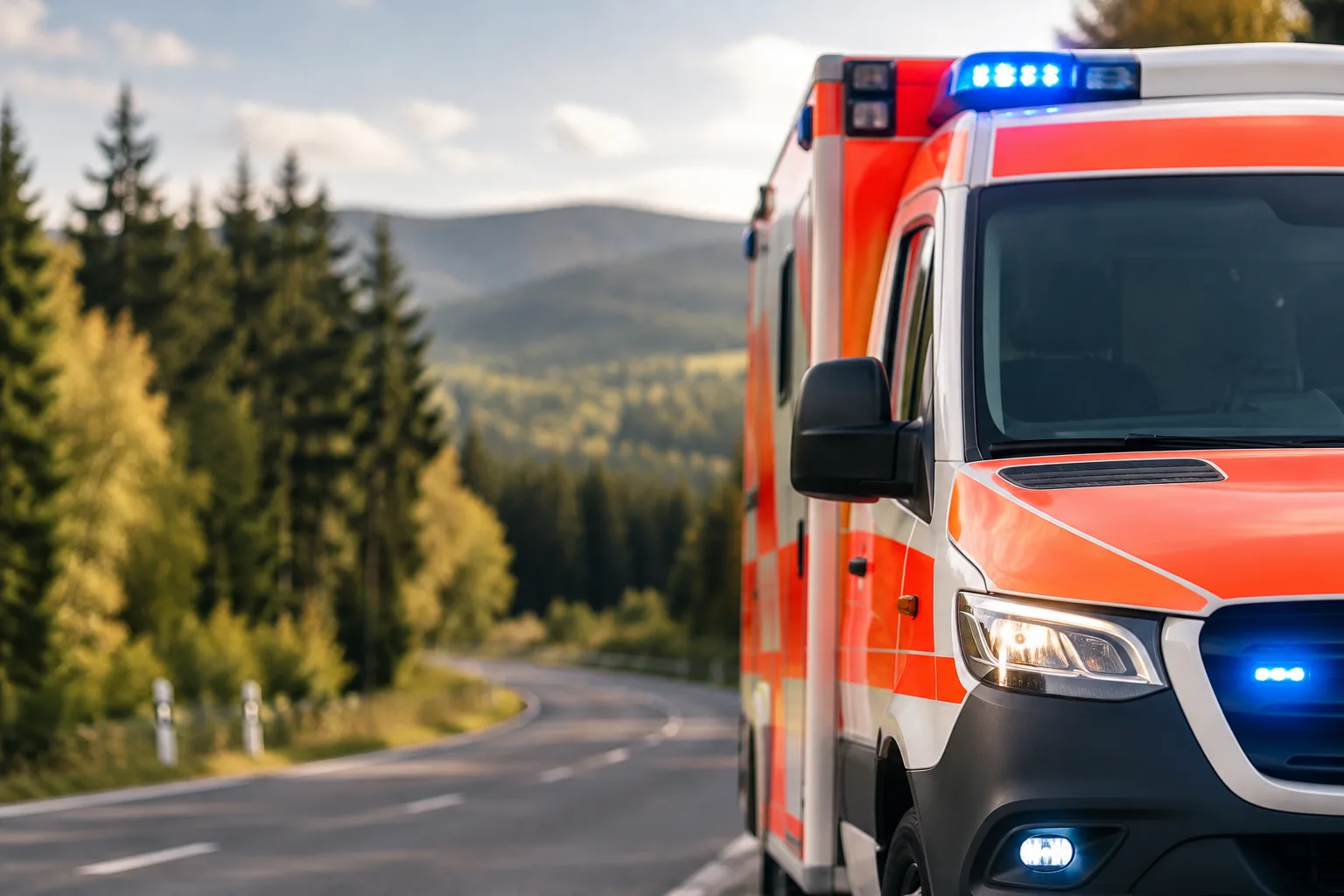 Rettungsfahrzeug an einer kurvigen Straße mit bewaldeten Bergen im Hintergrund