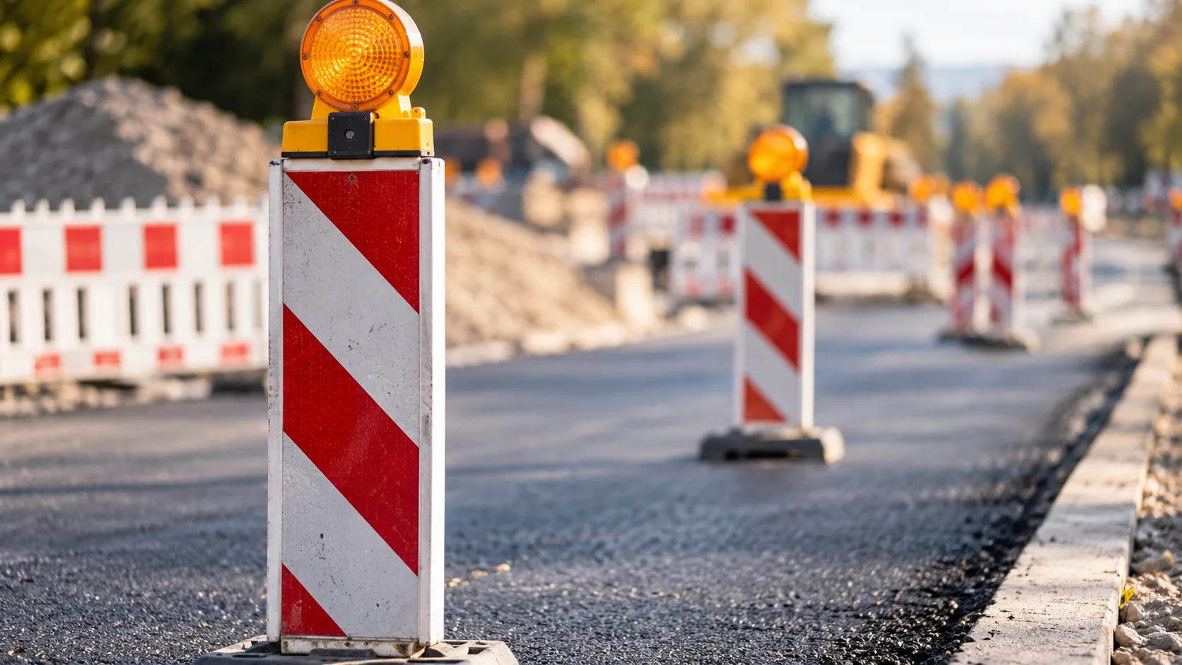 Rot-weiße Absperrbaken auf einer asphaltierten Straße als Hinweis auf Straßenbauarbeiten und Verkehrssperrung.