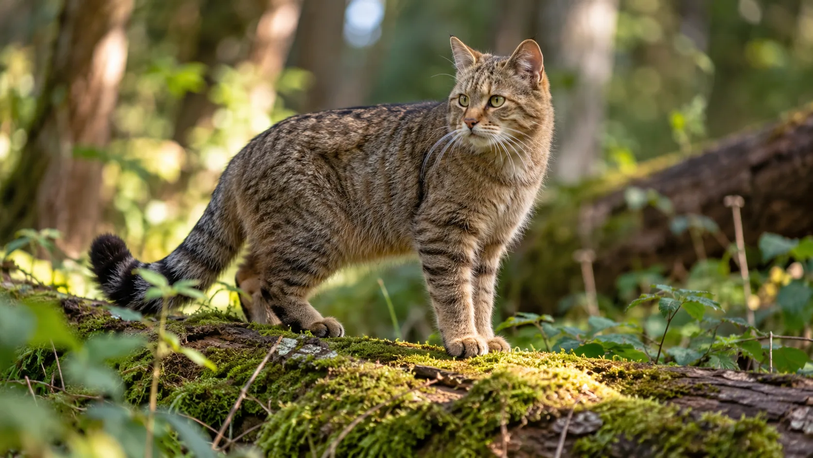 Europäische Wildkatze auf einem moosbewachsenen Baumstamm in einem naturnahen Wald mit dichtem Unterholz.