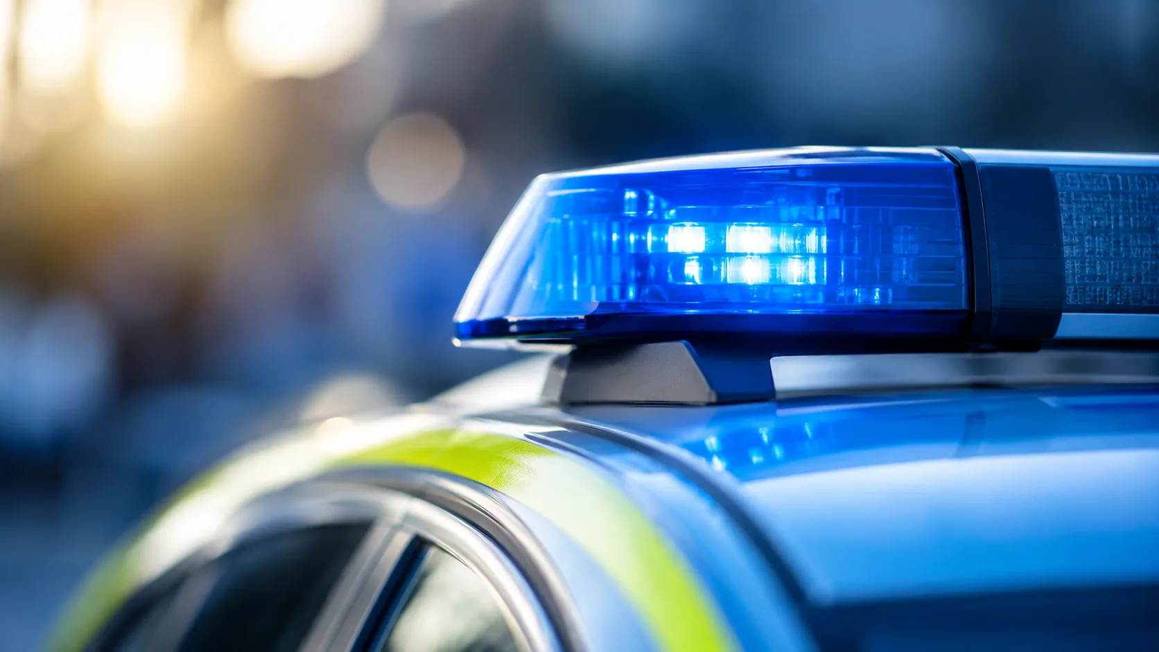 Nahaufnahme eines blauen Polizeiblaulichts auf einem Fahrzeugdach vor unscharfem Hintergrund.