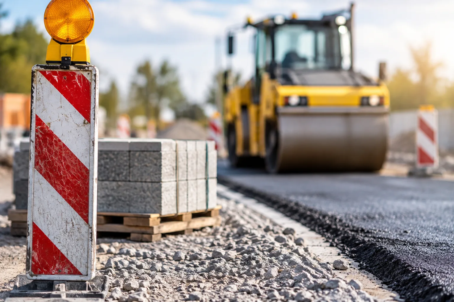 Straßenbau mit frischem Asphalt, Absperrung und Baumaterial als Motiv für die Finanzierung kommunaler Straßenprojekte.