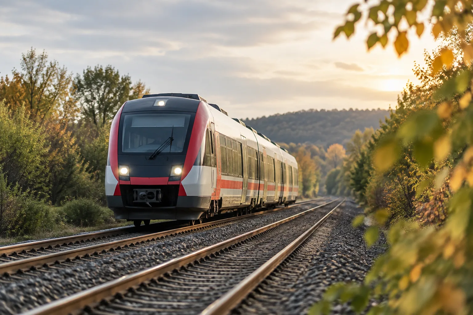 Regionalzug auf zweigleisiger Bahnstrecke mit Bäumen und Vegetation entlang der Gleise.