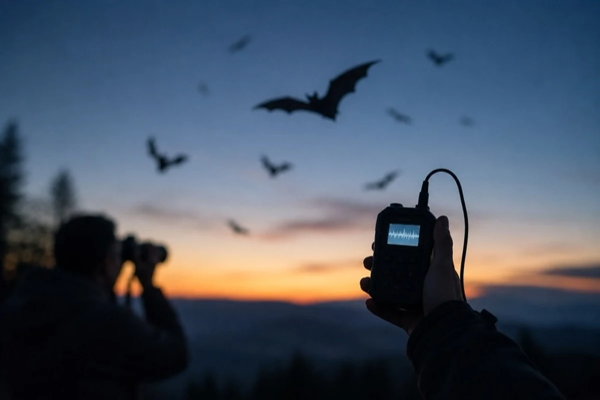 Fledermaus in der Abenddämmerung über einem Fledermausdetektor vor dunklem Wald im Harz