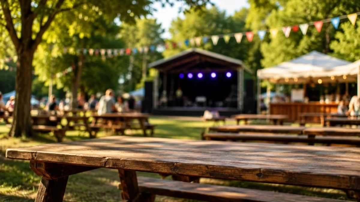 Kurpark mit Bierbänken, kleiner Bühne und Festdekoration als Sinnbild für das Bergdorffest in Hohegeiß im Harz.