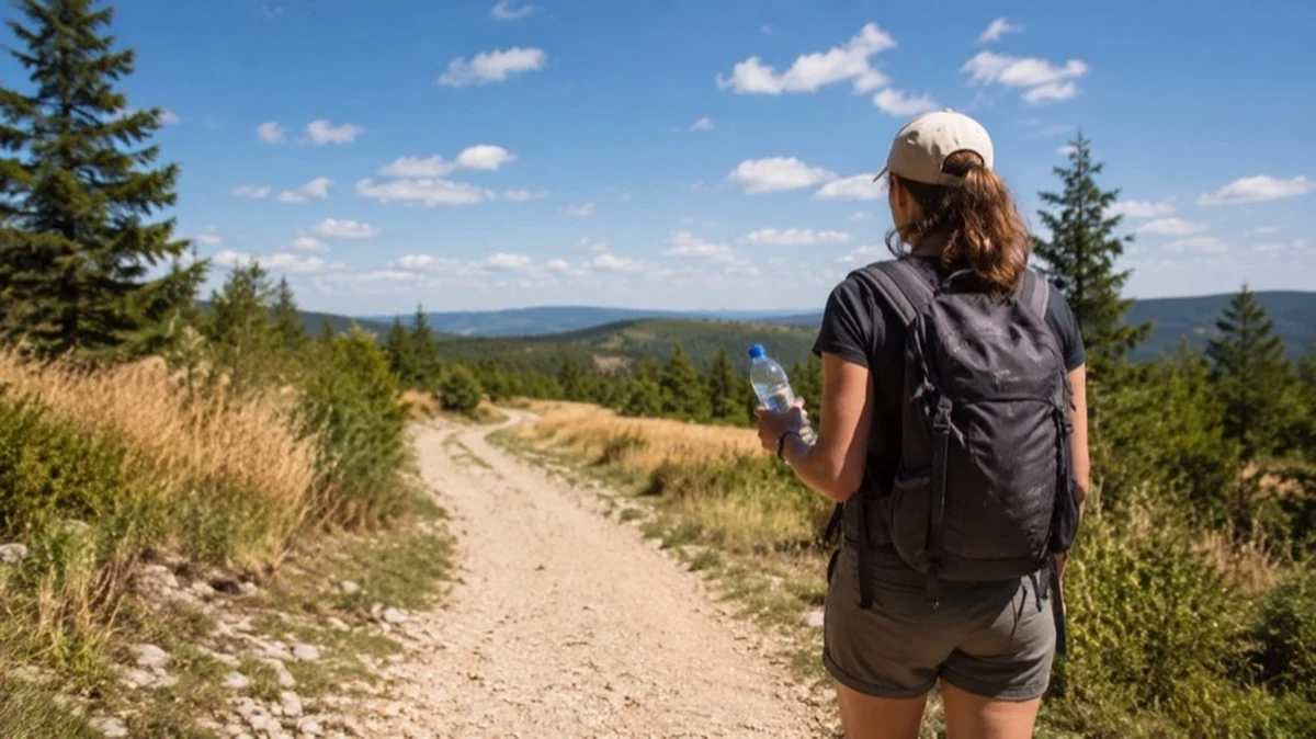 Wanderperson mit Wasserflasche auf sonnigem Harz-Wanderweg bei Hitze