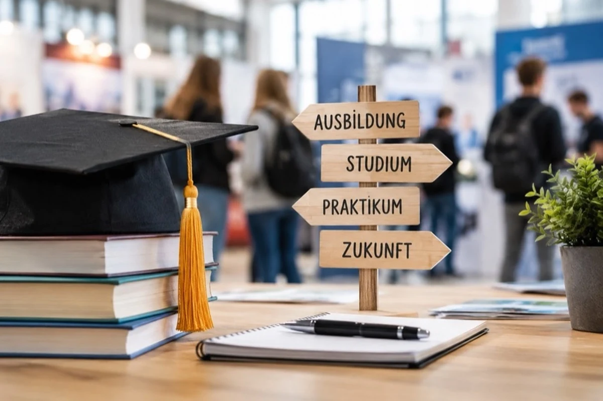 Jugendliche an Informationsständen einer Berufsorientierungsmesse in der Harzregion zu Ausbildung und Studium