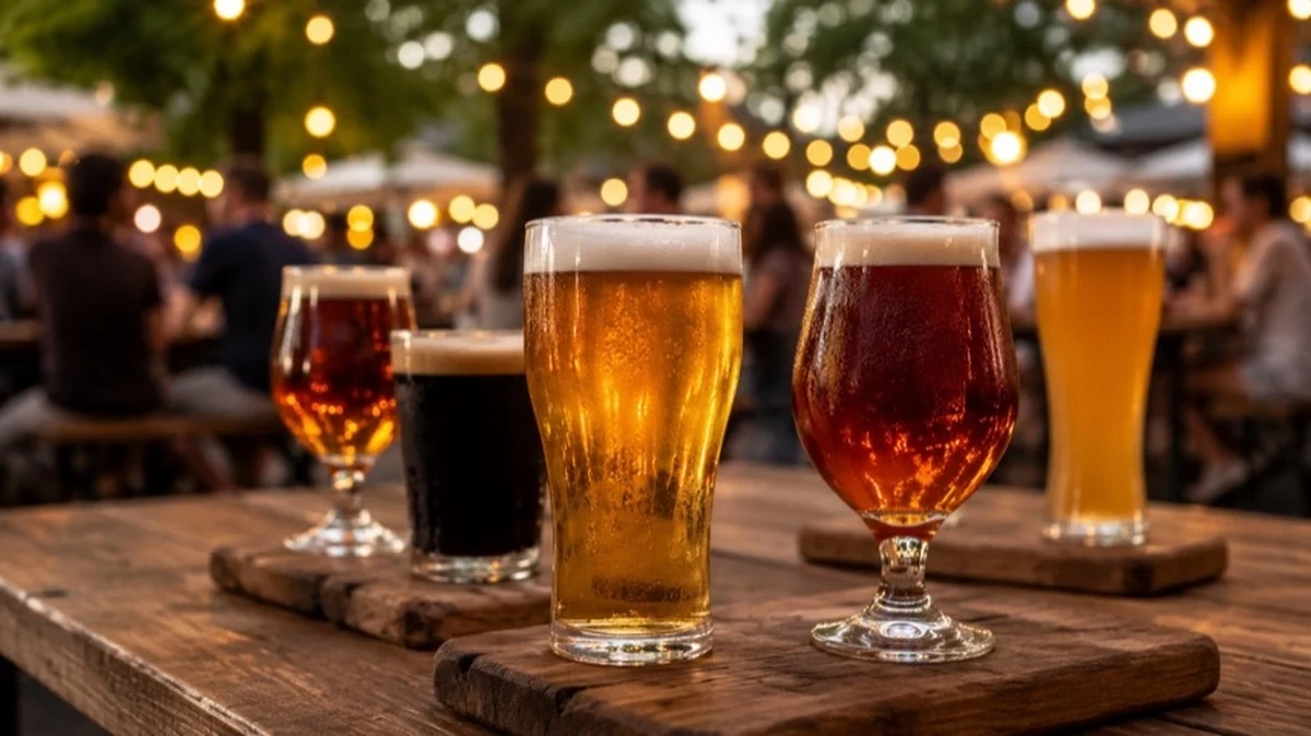 Verschiedene Biergläser auf Holztischen bei einer sommerlichen Open-Air-Veranstaltung mit Bierfest-Atmosphäre