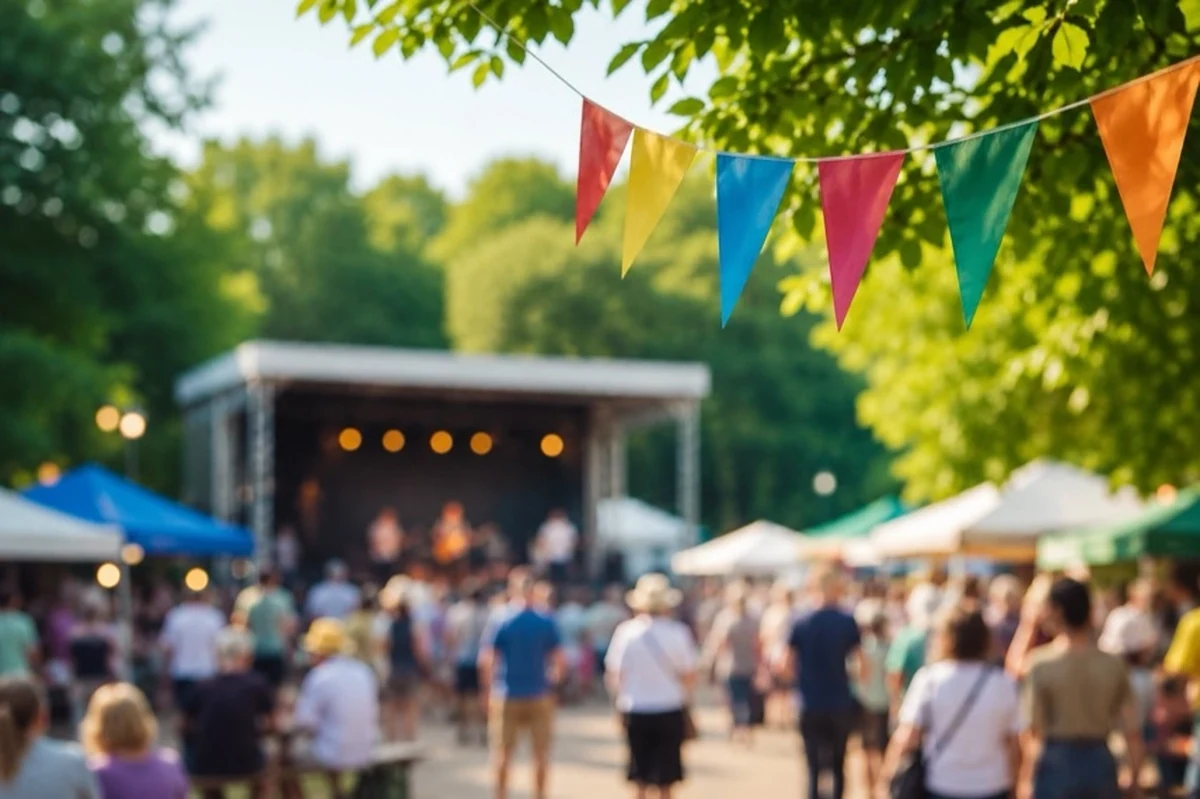 Sommerliches Stadtfest im Harz auf einer Grünfläche mit Bühne, Marktständen und Besuchern im Hintergrund