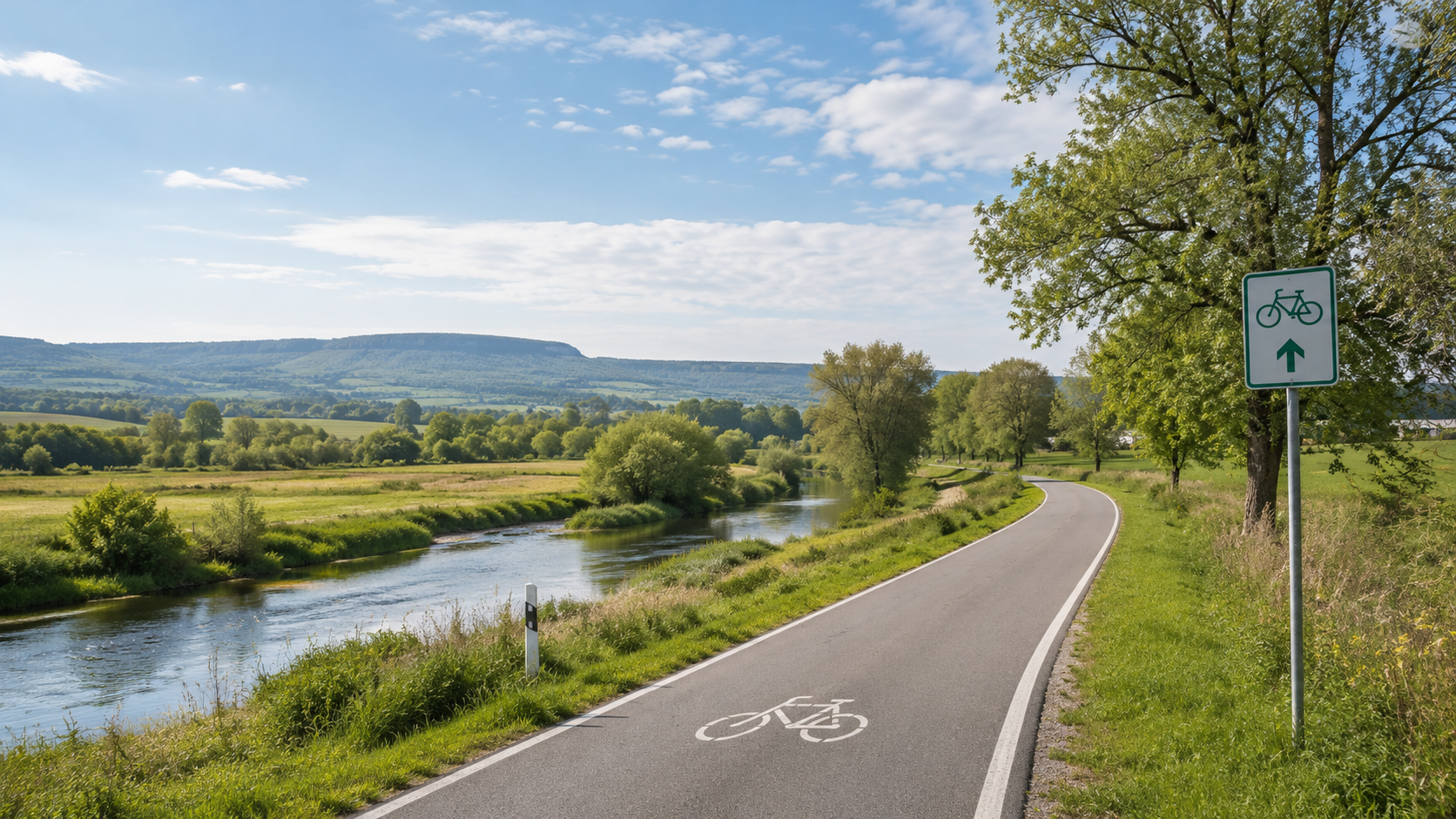 Asphaltierter Radweg durch eine grüne Flusslandschaft im Harzvorland mit Fahrradschild
