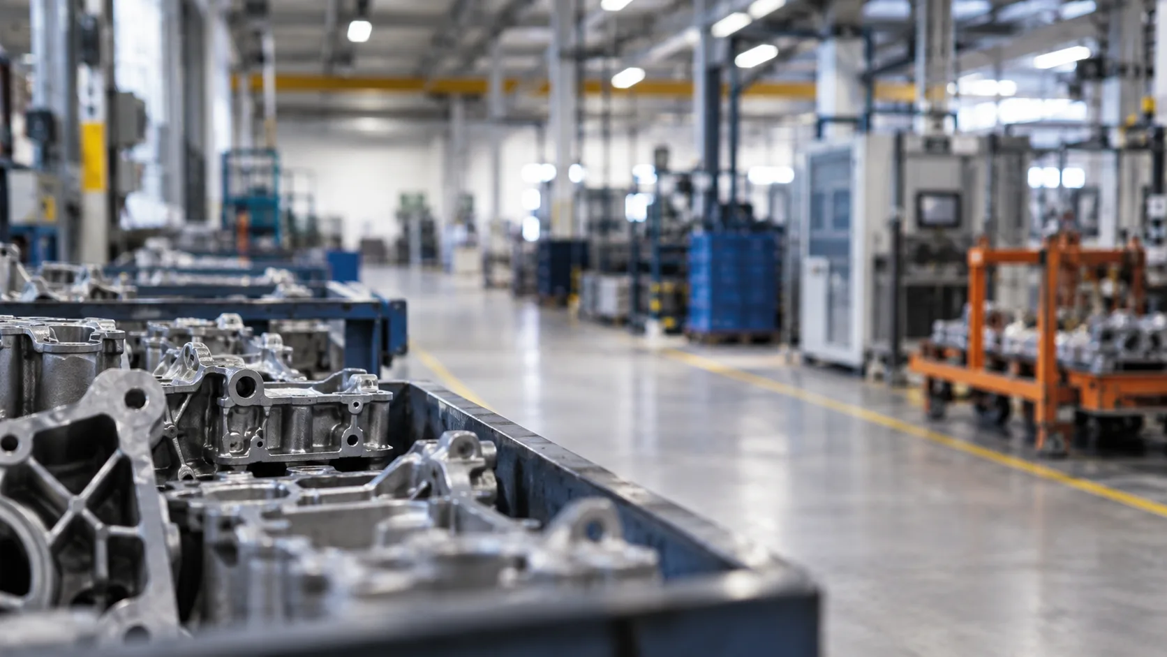 Leere Industriehalle mit stillstehenden Produktionsanlagen eines Autozulieferers im Harz.
