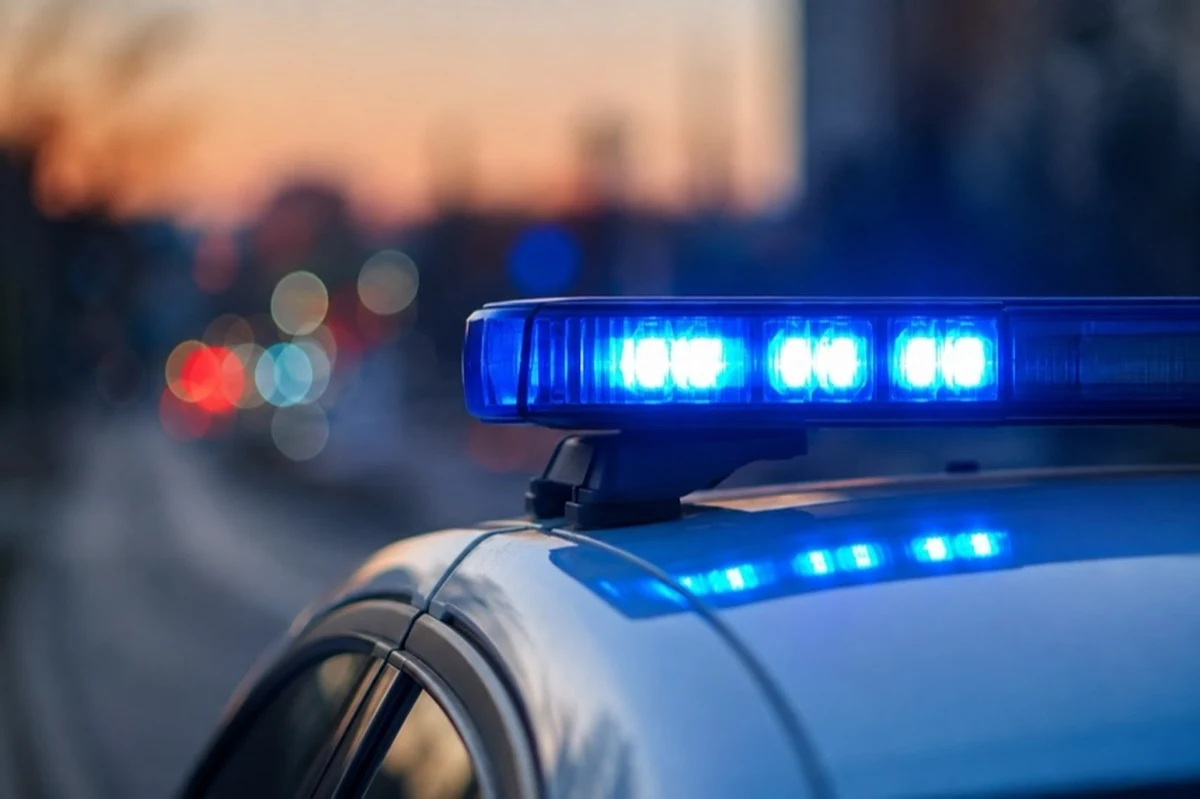 Blaues Warnlicht auf einem neutralen Polizeifahrzeug bei einem Bericht über Brände in Wernigerode im Harz