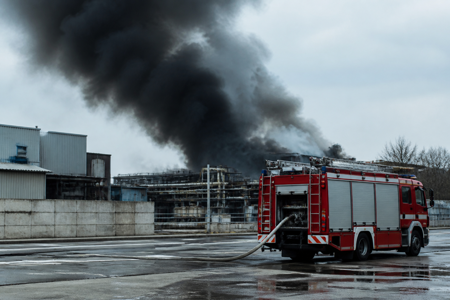 Feuerwehrfahrzeug auf freier Fläche zu Großbrand und Feuerwehreinsatz in Goslar im Harz