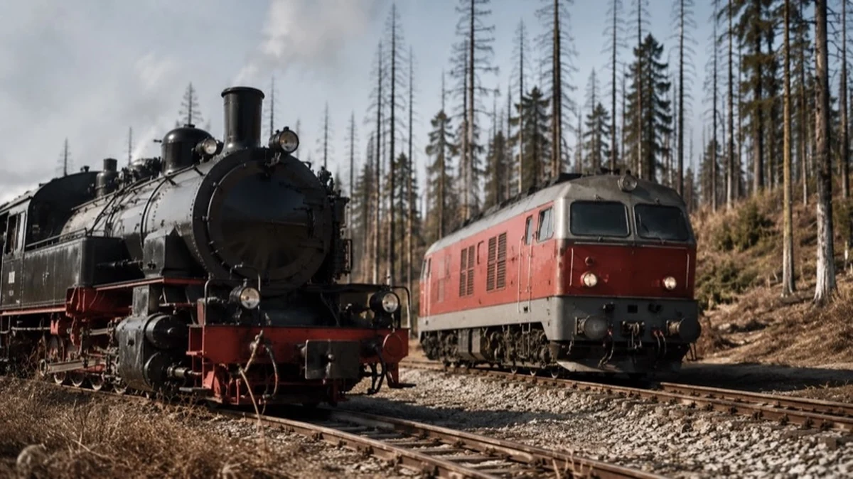 Historische Dampflok und Diesellokomotive auf Bahngleisen vor trockener Waldlandschaft im Harz