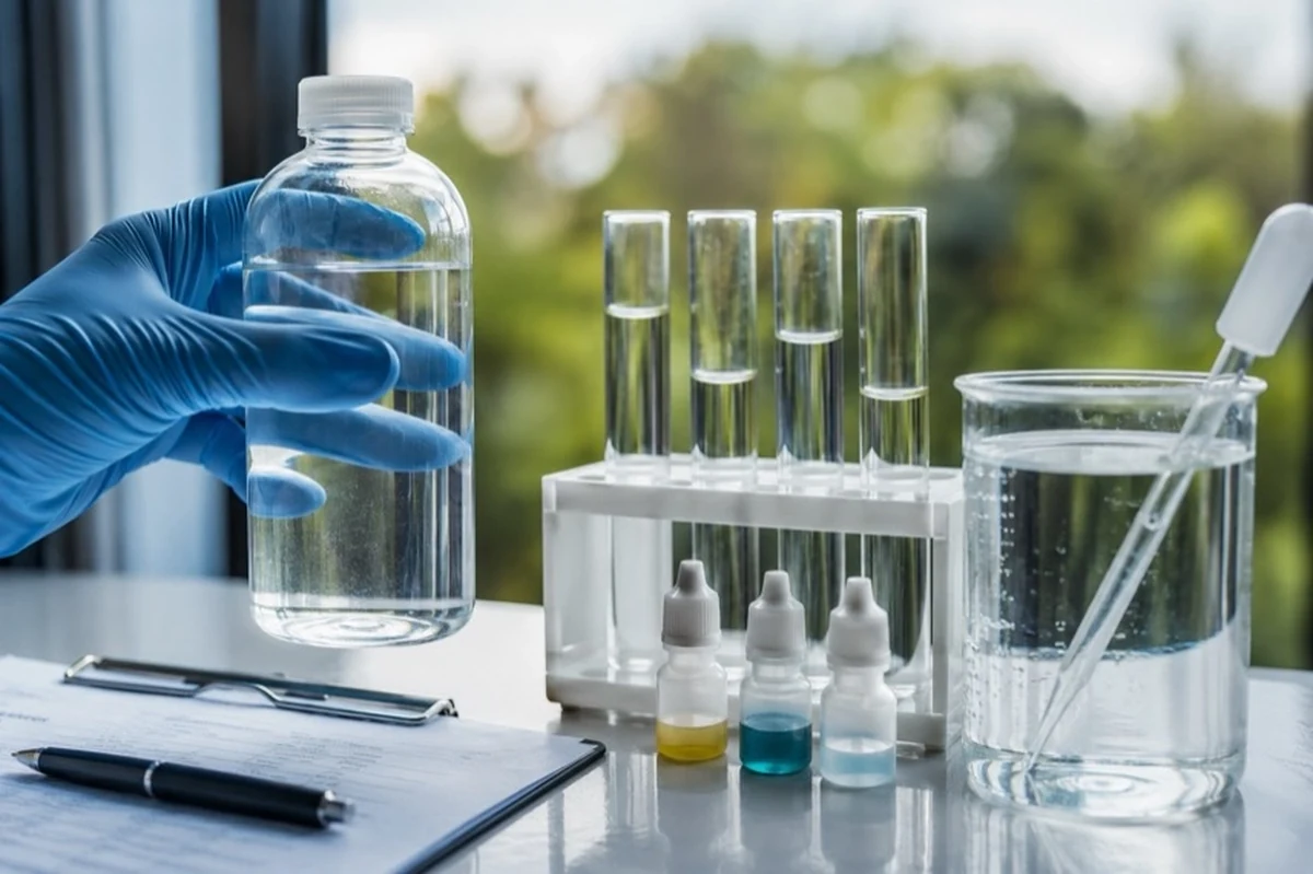 Wasserproben und Analysegefäße zur Untersuchung der Qualität von privatem Brunnenwasser im Harz