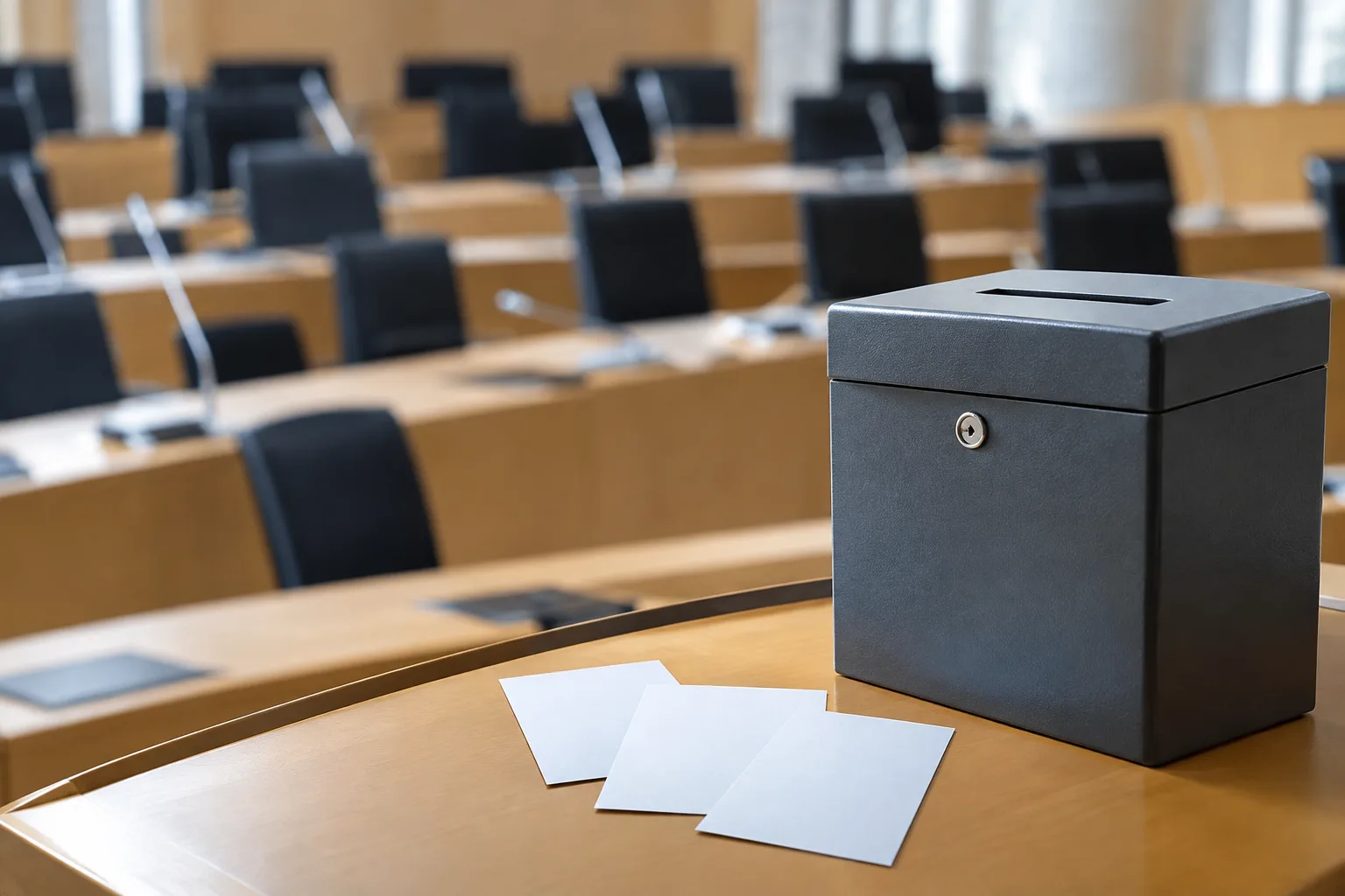 Leerer Sitzungssaal mit Stimmzetteln und Wahlurne als Motiv zur Ministerpräsidentenwahl in Sachsen-Anhalt und der Harzregion
