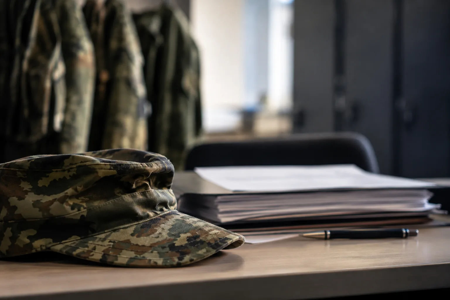 Flecktarnmütze und Akten auf einem Schreibtisch in einem neutralen militärischen Büro