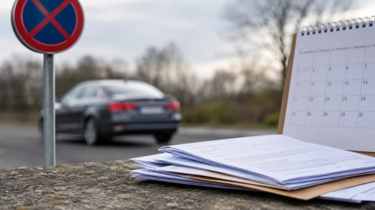 Auto, Verkehrszeichen, Kalender und Bußgeldbescheid als Symbol für Bußgeld-Verjährung in Sachsen-Anhalt