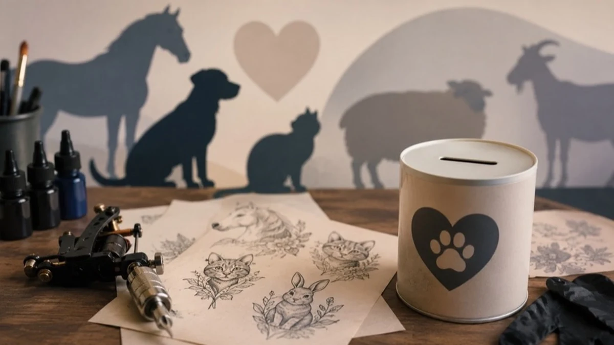 Tattoo-Arbeitsplatz mit Tiermotiven auf Papier und Spendendose als Symbol für Charity Tattoo und Tierschutz im Harz