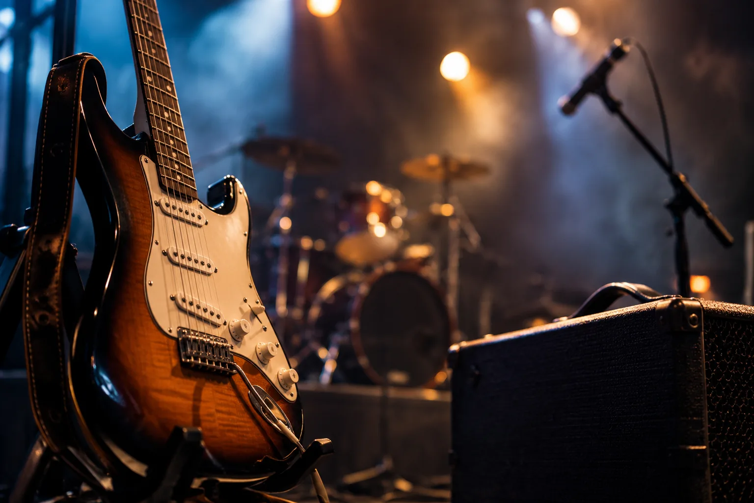 E-Gitarre und Mikrofon auf einer Bluesrock-Konzertbühne als Motiv für das Konzert von Cliff Stevens in Goslar