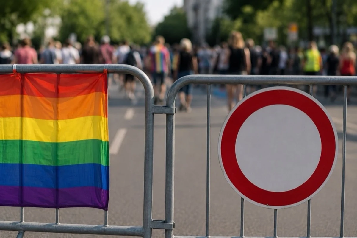 Straßenabsperrung mit anonymen Passanten und Regenbogenfarben zum CSD und Verkehr in Goslar im Harz
