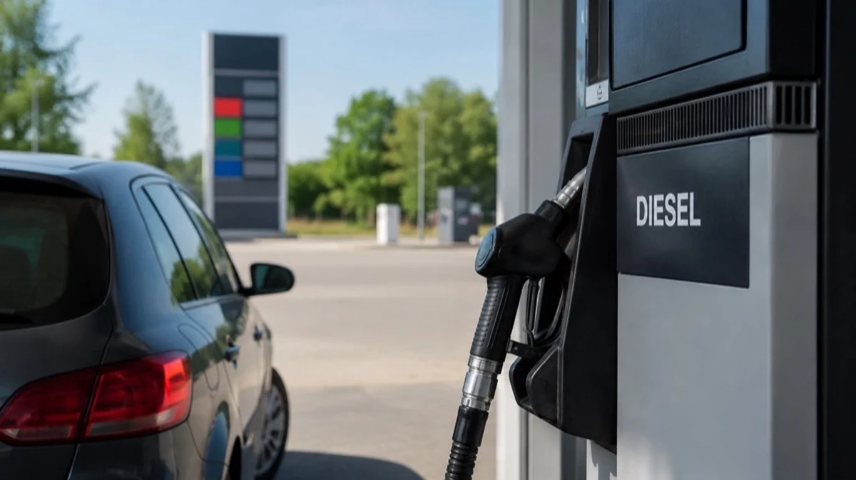 Diesel-Zapfsäule an einer Tankstelle mit Auto und Preisanzeige zum Dieselpreis im Harz