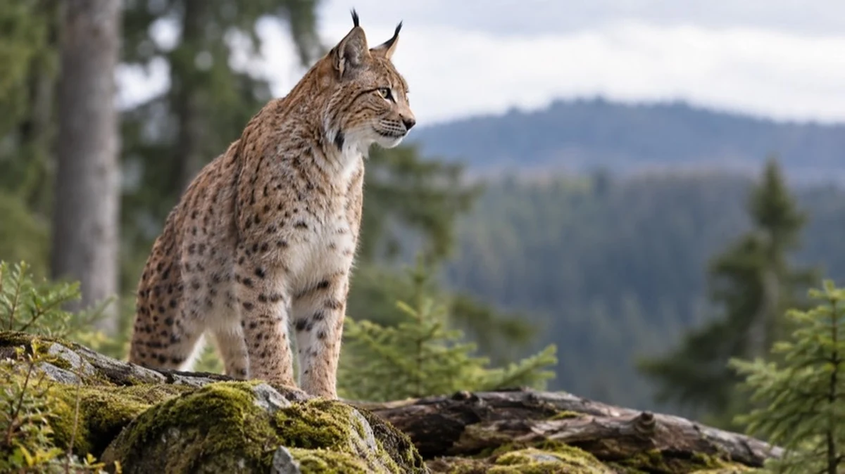 Luchs zwischen Bäumen in einem bewaldeten Lebensraum zum Luchsprojekt im Nationalpark Harz