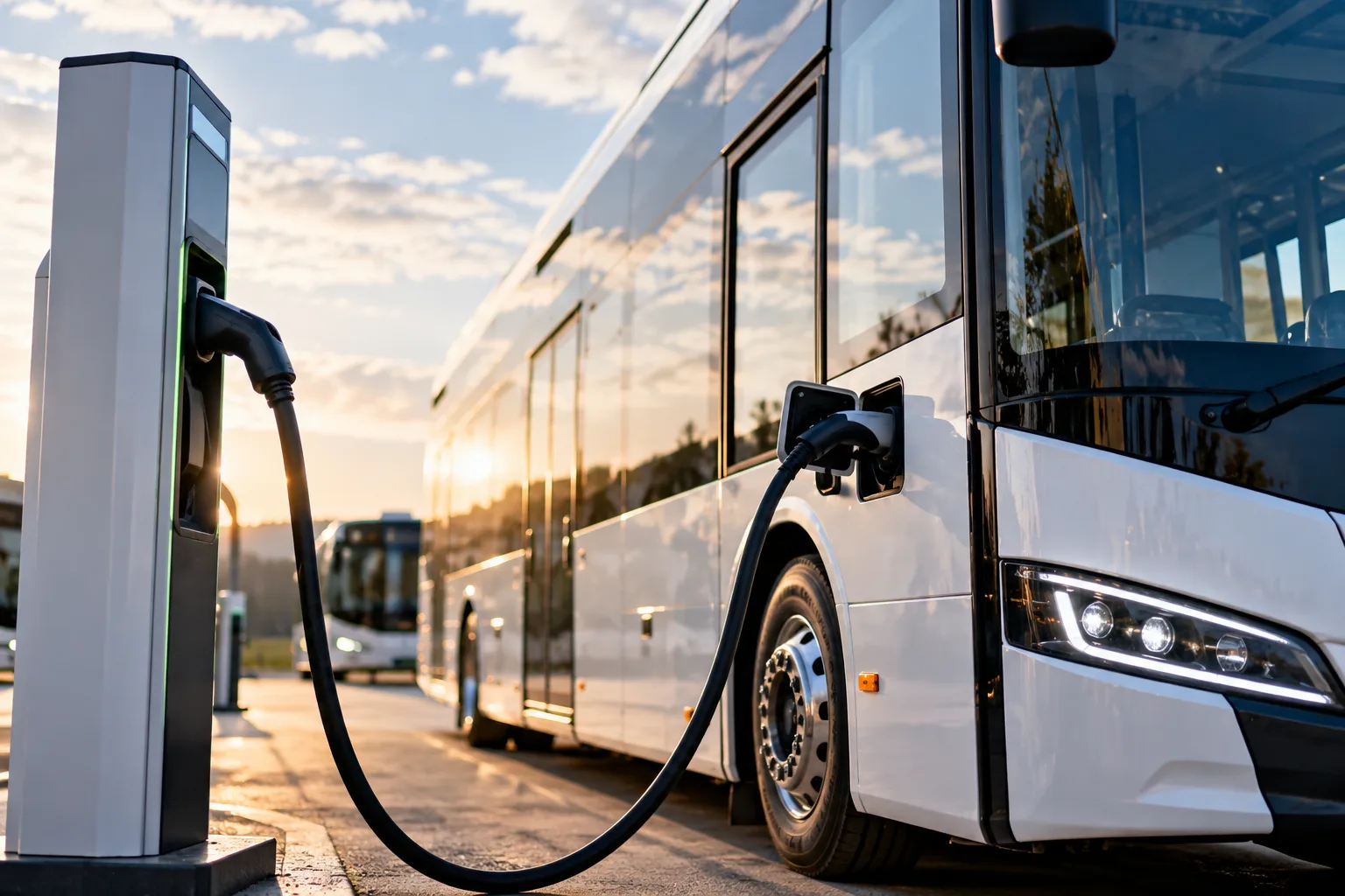 Moderner Elektrobus mit angeschlossenem Ladekabel an einer Ladesäule auf einer neutralen Verkehrsfläche.