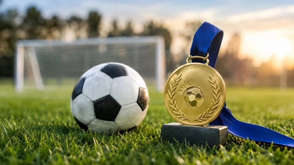 Fußball auf einem Rasenplatz vor einem Tor mit goldfarbener Medaille als Motiv für das Tor des Monats