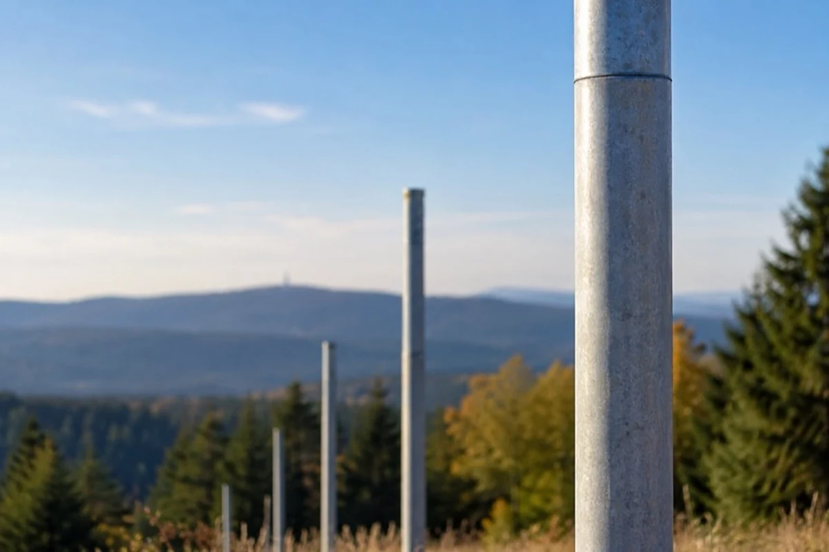 Mobilfunkmast mit Solarmodulen und technischer Energieversorgung vor bewaldetem Gelände im Harz