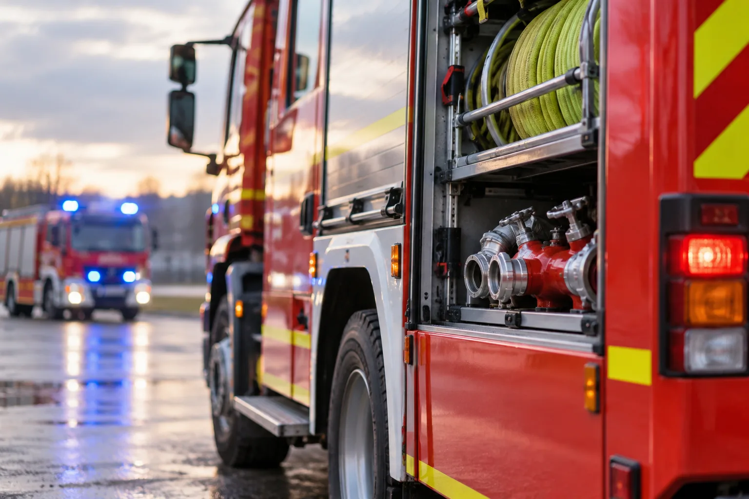 Neutrales Feuerwehrfahrzeug vor anonymem Gewerbehintergrund als Motiv zum Brand in Wernigerode