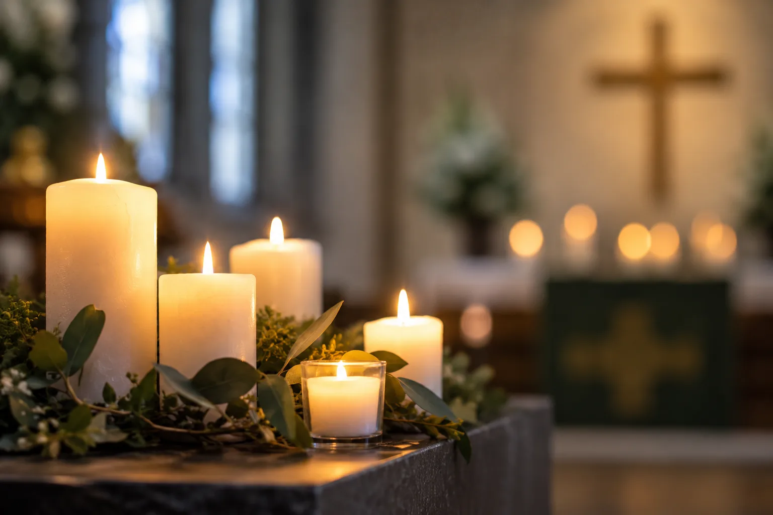 Brennende Kerzen in einem Kirchenraum als Motiv für Ewigkeitssonntag und Gedenkgottesdienst im Harz