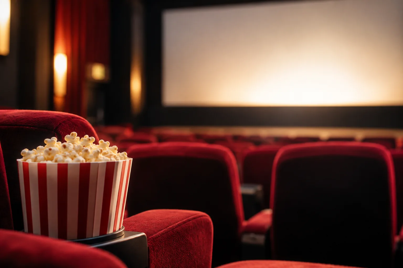 Leerer Kinosaal mit roten Sitzreihen, Popcorn und beleuchteter Leinwand als Motiv zum Thema Filmfestival und Kino im Harz.