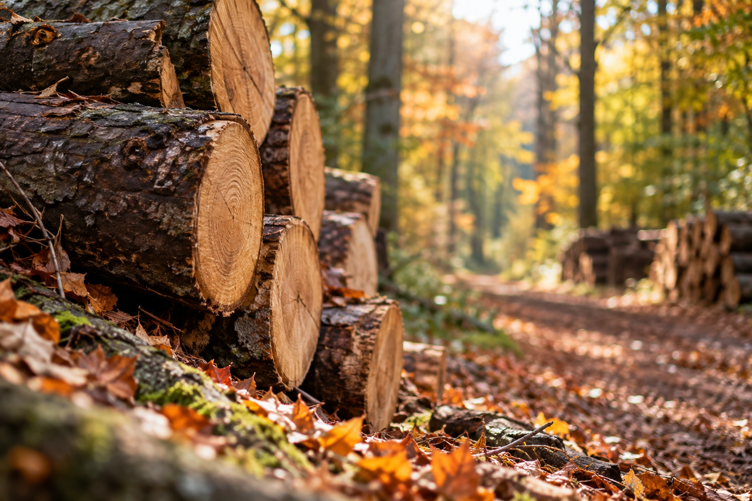 Herbstlicher Waldweg mit gestapelten Baumstämmen und Absperrung während der Holzernte im Harz