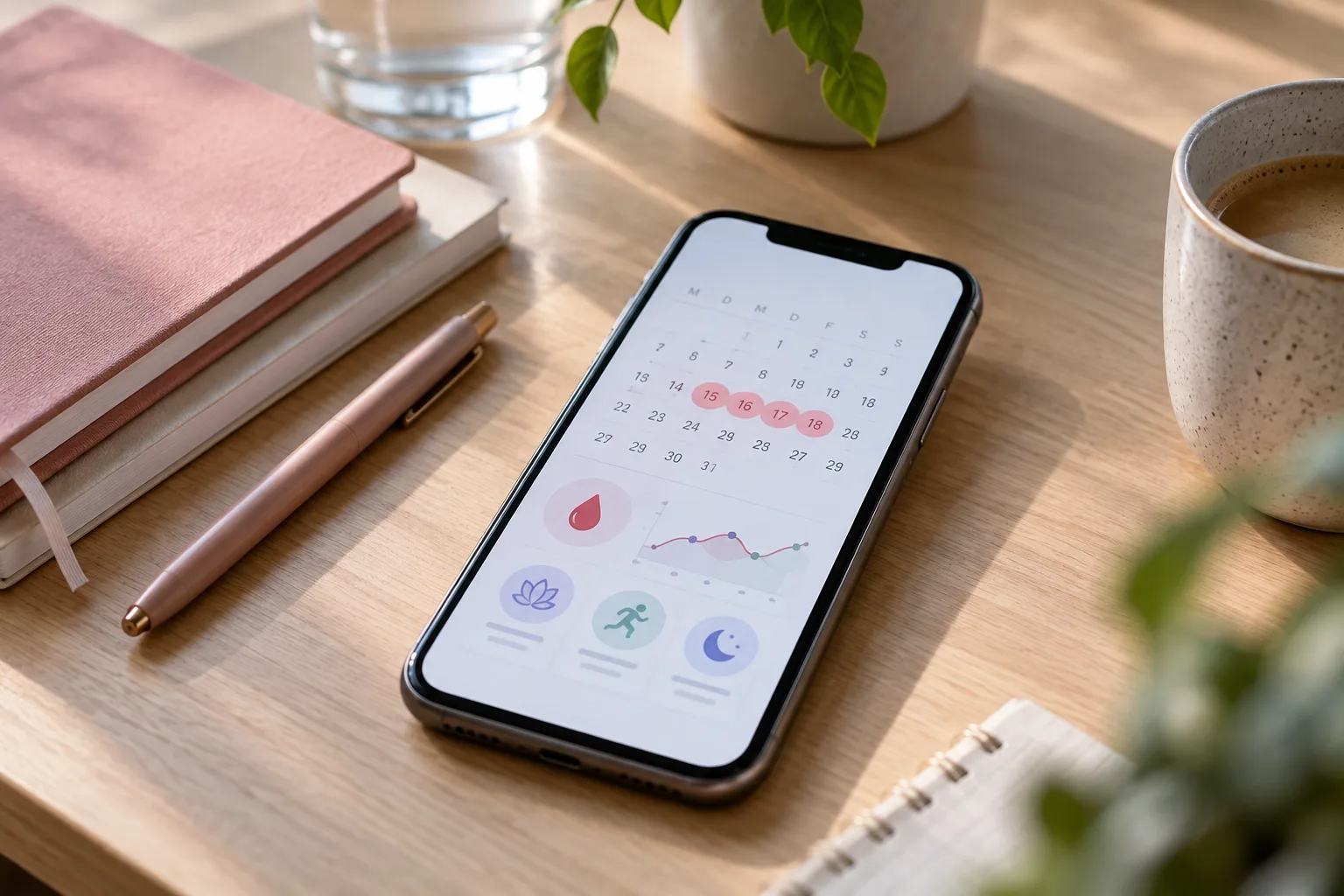 Smartphone mit digitalem Kalender und Zyklusübersicht auf einem Schreibtisch neben Notizbuch und Stift.
